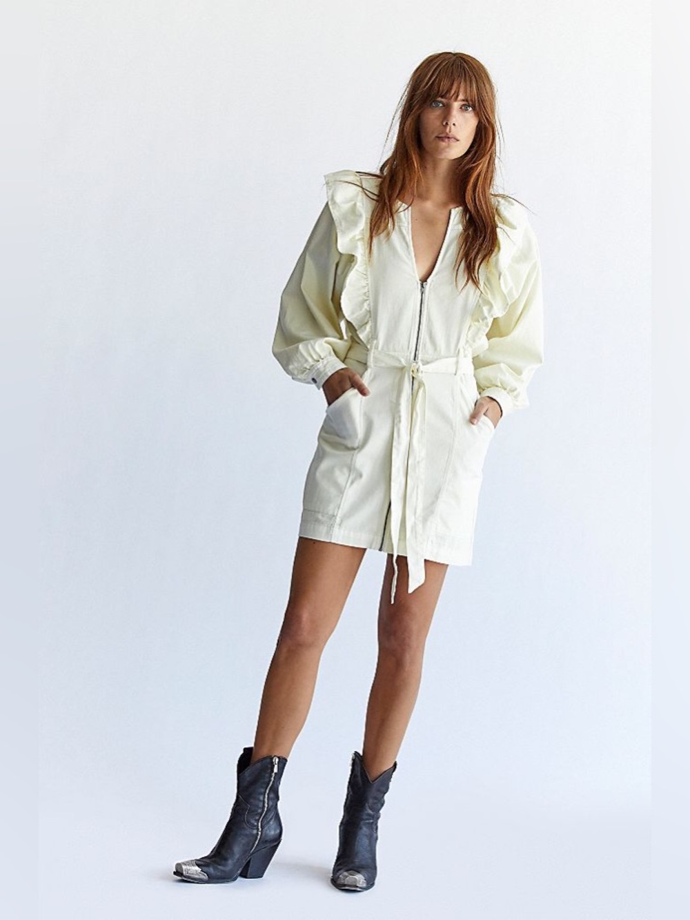 Free People‎ Women’s Yellow Ruffle-Trim Zip Front Jacket Dress